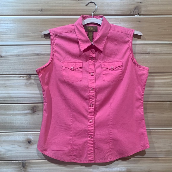 Aura Western Rodeo Cowgirl Sleeveless‎ Collared Top Button Snap Pink Shirt M - Picture 1 of 9